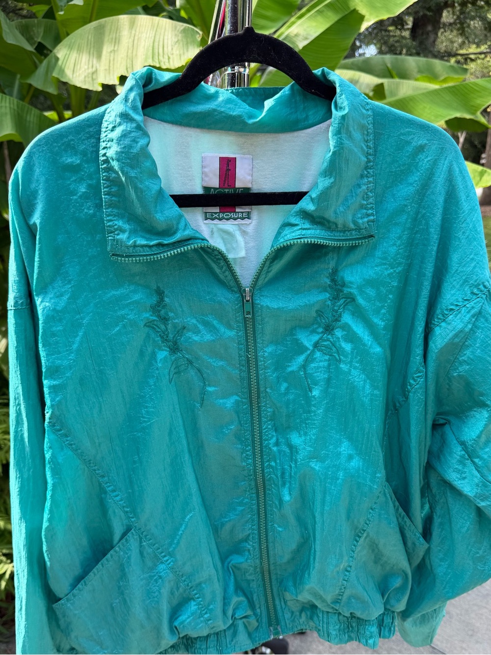 Vintage Active Exposure Teal Windbreaker Rose Embroidered Zip Jacket 80s 90s